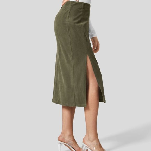 Halra High Waisted Invisible Zipper Split Hem Midi Corduroy Casual Skirt - Picture 3 of 3
